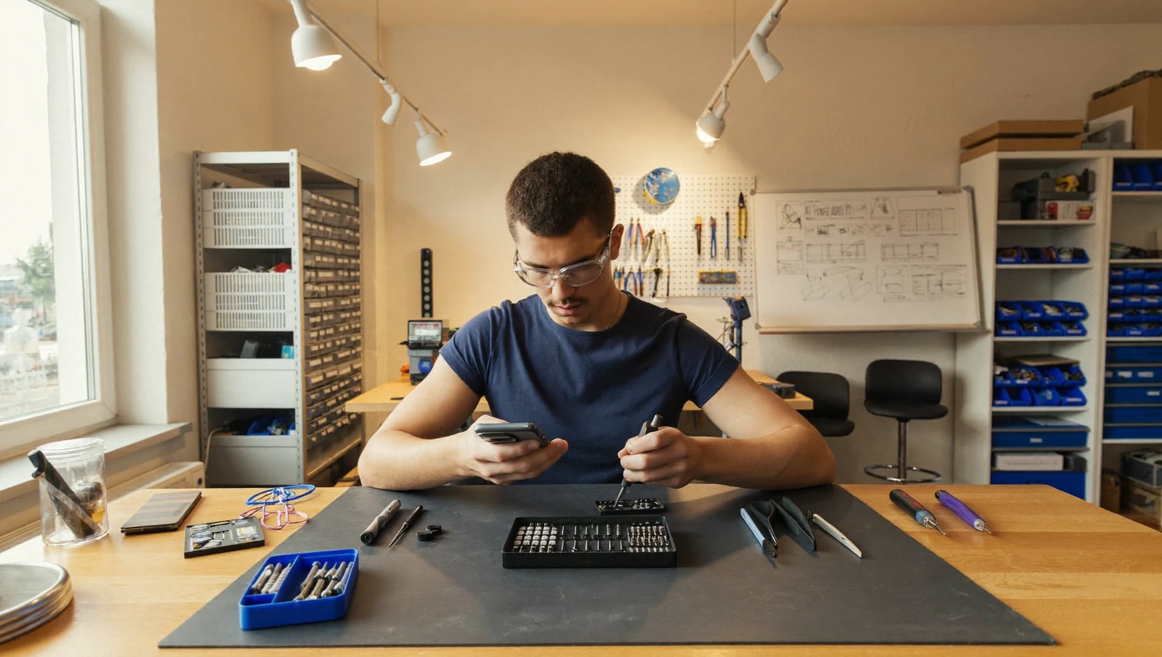 Illustration: Werkstattarbeitsplatz für Handy-Reparaturen mit Werkzeug und Ersatzteilen